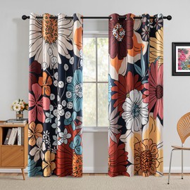 MYSKY HOME Boho Floral Blackout Curtains 84 inch Long for Living Room Thermal Insulated Privacy Protect Noise Reduction Black Out Flower Pattern Grommet Drapes for Dining Room Bedroom, 2 Pcs, 52" Wide