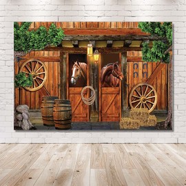 MEHOFOND 7x5ft Western Cowboy Backdrop Horse Hay Studio Portrait Photography Background Decor Vinyl Rustic Wooden Wall Green Trees And Stone Baby Shower Decorations Happy Birthday Party Photo Props