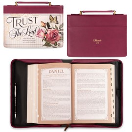 Christian Art Gifts Maroon Red Floral Fashion Bible Cover for Women: Trust in The Lord - Prov. 3:5 Inspirational Scripture Verse, Vintage Vegan Leather Book Carry Case Bag w/Stationery Storage, Large