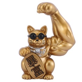 HODESunPure Muscle Arm Lucky Cat Statue Chinese Decorations Maneki Neko Fortune Cat for Store Company Opening, Office, Cash Register, Desk Decor (Gold)