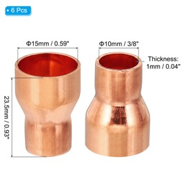 PATIKIL 15mm to 10mm ID Copper Reducer, 6pcs 99.9% Pure Copper Reducing Coupling Pressure Fitting Pipe Tube Connector Adapter with Sweat Solder Connection for HVAC Refrigeration System