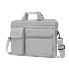 MOSISO Laptop Shoulder Bag Compatible with MacBook Air/Pro,13-13.3 inch Notebook,Compatible with MacBook Pro 14 inch M3 M2 M1 with 2 Raised&1 Flapover&1 Horizontal Pocket&Handle&Belt, Gray