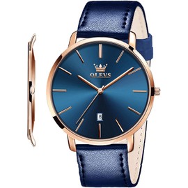 OLEVS Mens Wrist Watches Ultra Thin 6.5mm Minimalist Leather Blue Dial Watch Business Dress Waterproof Date Slim Watches for Men