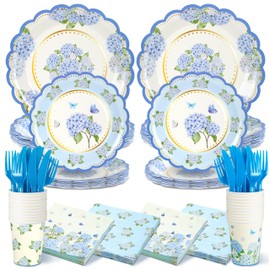 Ouvibor 168 Pcs Hydrangea Party Supplies Blue Flower Paper Plates and Napkins Cups Tableware Set for Wedding Bachelorette Party Engagement Birthday Baby Shower Serve 24 Guests