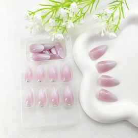 Press on Nails Medium Almond Fake Nails White Gradient Glue on Nails with Glitter Rhinestones Design Pink Medium False Nails Almond Nails Press ons Glossy Acrylic Stick on Nails for Women 24Pcs