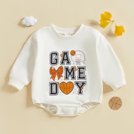 Baby Boy Girl Basketball Outfit Game Day Bubble Romper Long Sleeve Bodysuit Newborn Sweatshirt Infant Fall Clothes (Beige, 0-3 Months)