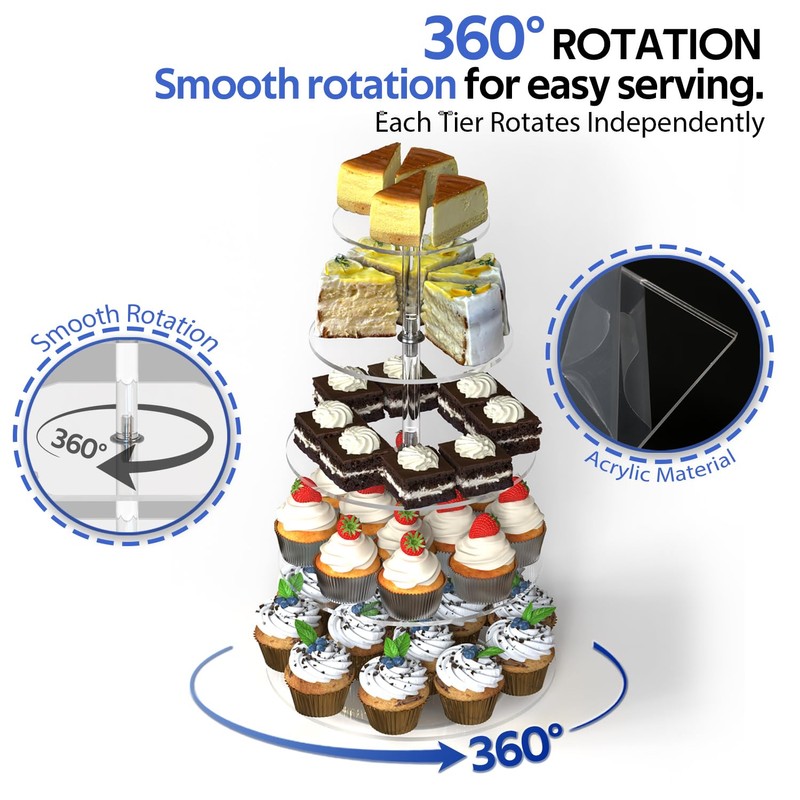 LoengMax 5-Tier Rotating Cupcake Stand, Clear Acrylic 360° Spinning Dessert