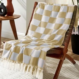 Genovega Checkered Beige Throw Blanket Bedroom Living Room Accessories Sofa Couch Chair Essential Bohemian Aztec African Southwest Neutral White Fall Antique Vintage French Country Primitive Cottage