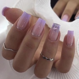 POKENGDA Medium Press on Nails Design,Nail glue included,Sqaure Acrylic Bling Fake Nails,Reusable Butterfly Acrylic Daily False Nail Kits for Women