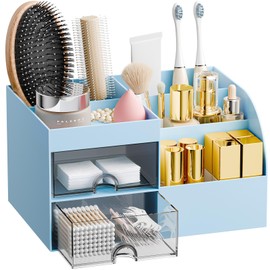 Makeup Organizer with 2 Drawers, Makeup Organizers Countertop for Vanity and Bathroom, Make up organization and Skincare Storage with Brush Holder, for Dresser, Desktop, Cosmetic Display Case (Blue)