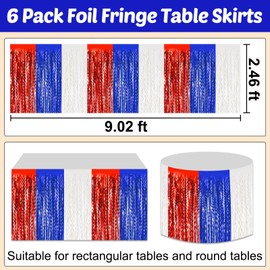 6 Pack 29x108 Inch White Blue Red Wave Foil Fringe Table Skirts Metallic Banner for Tinsel Streamer Garland Backdrop for Parade Floats Wedding, Mother's Day, Birthday Mardi Gras Party Decorations