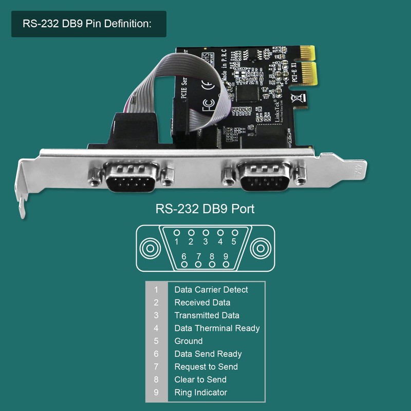 LinksTek 2-Port PCI Express RS-232 DB9 Serial Port Card for