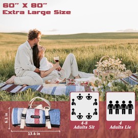 Waterproof Picnic Mat, Outdoor Camping Oversized Field Blanket. Portable Thickened Camping Blanket, Suitable for Beach, Camping, Music Festival, Party, Outdoor Adventure. (Red&Blue&White, 80”x60”)
