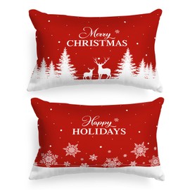 Lanpn Christmas Queen Pillowcase 20x30 Set of 2, Red Christmas Tree Snowflake Lumbar Pillow Cases 20 x 30 Long Rectangle Queen Shams Throw Bed Pillow Covers Winter Holiday Xmas Cushion Cover 2 Pack
