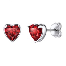925 Sterling Silver Heart Stud Earrings, 6mm Cute Tiny Crystal Red Garnet Ear Studs January Birthstone Hypoallergenic Earrings for Women Sensitive Ears