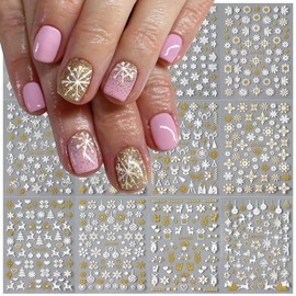 12Sheets Christmas Nail Stickers Set -Gold White Snowflake Nail Decals 3D Self-Adhesive Snowflakes Sticker for Nails Xmas Tree Snowman Bell Elk Cartoon Design Snow Winter DIY Holiday Nail Decoration