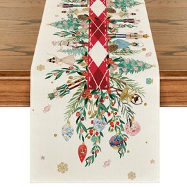 Artoid Mode Red Nutcracker Floral Holly Christmas Table Runner, Seasonal Winter Kitchen Dining Table Decoration for Home Party Decor 13x108 Inch