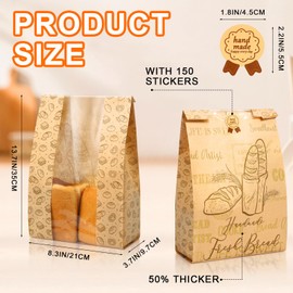 Feifeiya 150 Pack Paper Bread Bags for Homemade Bread kraft Sourdough Bread Bags with Clear Window 13.7 x 8.2 x 3.5 Large Bakery Bag for Treat Packaging Storage Gift Giving with Seal Sticker(No Wire)