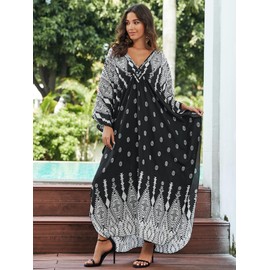 Eddoyee Kaftan Dresses for Women Batwing Sleeve Side Split Cover Up Deep V Neck Ethnic Print Caftan Beach Swimwear