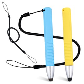 2pcs Kid Stylus Pens for Touch Screens, Capacitive Stylus Pen with Spring Cord, Children's Tablet Stylus Pen Crayon Stylus Pen for Touch Screen Devices Smartphones Tablets (Blue, Yellow)