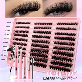 300Pcs Wimpern Extensions Set Fluffy Künstliche Wimpern Cluster Lashes Extension Set Thick Lash Clusters Wimpern Extensions Mit Bond and Seal und Klebereste Entferner, Pinzette(680K-Kit)