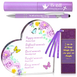 Christian Purple Gifts for Women Bible Verse Keepsake Paperweight Faux Leather Bookmark Inspirational Ballpoint Pens in Matching Gift Case Religious Inspirational Gifts for Mom Grandma Sister