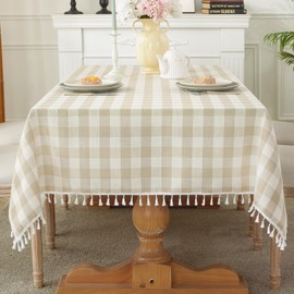 Laolitou Checkered Tablecloth Rectangle Washable Heavy Duty Buffalo Plaid Table Cloth with Tassel Cotton Linen Gingham Table Cover for Holiday Picnic Kitchen Dining Room, Beige, 55 Inch