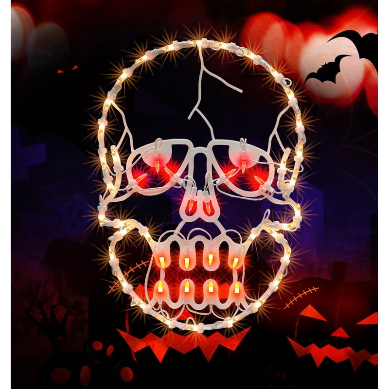 TWINGLEHOME 13.3" Lighted Skull Halloween Window Silhouette, 50 Mini Lights