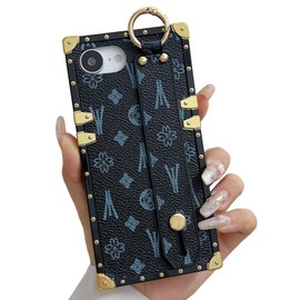 Dropcases Compatible with iiPhone 16e Case Luxury Designer for Women Girls,Rectangle Leather with Wristband Strap Kickstand Holder Protective Cover for iiPhone 16E - 6.1 inch (Black)