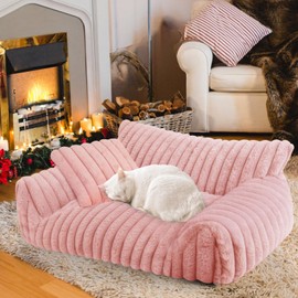 Cute Cat Couch Bed for Indoor Cats, Fluffy Cat Sofa with Premium Soft Corduroy Fleece, Fuzzy Pet Chair with Removable Washable Cover, Orthopedic Small Pet Bed with Non-Slip Bottom (24x18x10,Pink)