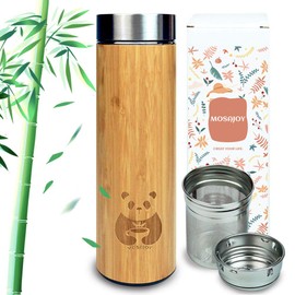 Mosajoy Tea Bottle Bamboo Tumbler with Infuser BPA Free Double Wall Glass Travel Tea Mug with Stainless Steel Filter | Leakproof Tea Bottle with Strainer For Loose Leaf Tea and Fruit Water 17 Ounce