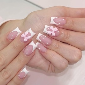 24Pcs White French Tip Press on Nails Medium Square Fake Nails with Pearl Charms Pink Bow Glue on Nails Cute Press ons Bow Acrylic False Nails Reusable Stick on Nails for Women Artificial Nails Kit