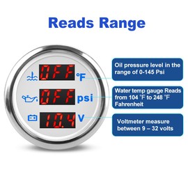 WATERWICH 3 in 1 Triple Car Marine Gauge Set 52mm 2inch Oil Pressure Gauge PSI + Water Temperature Gauge °F + Voltmeter for Truck Boat Vehicle SUV