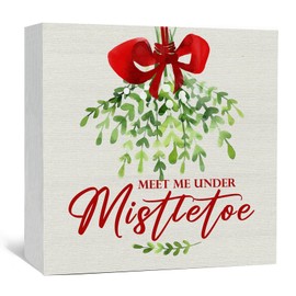 Nitelat Meet Me Under The Mistletoe Sign, Large Christmas Sign Mistletoe,Christmas Wooden Box Signs,Rustic Farmhouse Christmas Decor,Christmas Bow Xmas Wood Sign Home Decor,Home Decor Christmas Gifts