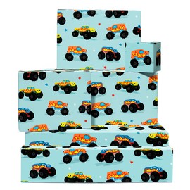 Boys Birthday Wrapping Paper - Colourful Monster Truck - Kids Wrapping Paper - 6 Sheets Gift Wrap For Kids Christmas Easter Baby Shower - Includes Tags - Cute Giftwraps For Son Grandson Nephew Toddler