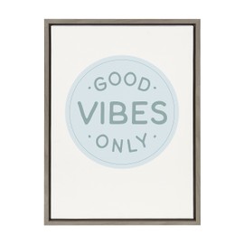 Kate and Laurel Sylvie Good Vibes Only Pale Blue Button Framed Canvas Wall Art by The Creative Bunch Studio, 18x24 Gray, Positivity Art for Wall