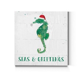 Renditions Gallery Christmas Seahorse with Santa Hat Wall Art, Green Winter Artwork, Funny Ocean & Beach Theme, Premium Gallery Wrapped Canvas Decor, Ready to Hang, 24 in H x 24 in W, Made in America
