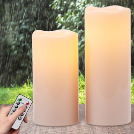 DRomance Outdoor Waterproof Flameless Candles Battery Operated with Remote Timer White Plastic Warm Light Flickering LED Pillar Candles Home Dinner Garden Holiday Decor(2 Pack, 4" D x 8", 10" H)