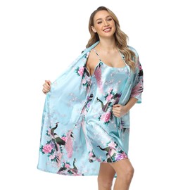 Women's Floral Satin Kimono Robe and Nightgown Set with Camisole 2 Piece Sleepwear Peacock Bathrobe Light Blue
