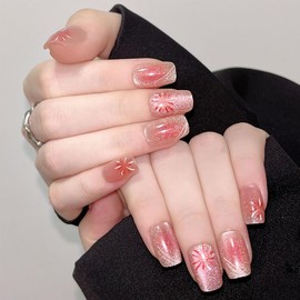 Glitter Fireworks Press on Nails Short Square Ballerina Coffin Nails Glossy Pink Cat Eye Acrylic Fake Nails Reusable False Nails Glue on Nails Natural Stick on Nails for Women Charm Manicure 24 pcs