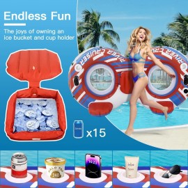 5-In-1 2 Person Double Pool Floats Adult Heavy Duty River Tube Chair Cup Holders - Red