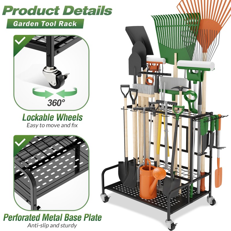 Garden Tool Organizer Rack with Wheels Up to 39 Tools,