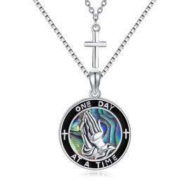 URONE Cross Serenity Prayer Necklace Sterling Silver Praying Hands Layered Pendant Religious Christian Jewellery Gifts for Women