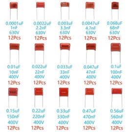 MTDELE 180Pcs 15 Values Metallized Film Capacitor Kit DC 400V 630V 0.01uF - 0.56uF 0.001uF - 0.068uF Polypropylene Film Capacitors Kit