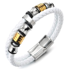 COOLSTEELANDBEYOND Double-Lap Braided Leather Bracelet Men's Bracelet Leather Sweatband Stainless Steel Clasp, White Leather, No gemstone