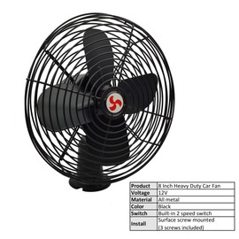 Maichis Heavy Duty All Metal 12V Car Fan, 8inch fan blade with Black Finished and 2 Speed Switch, Ventilation Electrical Cooling Air Metal Fan for Cars, Trucks, RV, Delivery Vehicle, Bus, Van