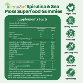IIEltruiom Organic Blue Spirulina Chlorella Gummies, 13-in-1 Super Greens & Superfoods, Spirulina 2500mg Enhanced Daily Energy with Sea Moss, Chlorophyll, GLA, Gluten Free, 60 Vegan Gummies