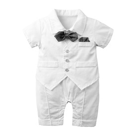 Infant Baby Boys Suit Gentleman Outfit One Piece Short Sleeve with Bow Tie Jumpsuit Toddler Formal Outfits Wedding Tuxedo