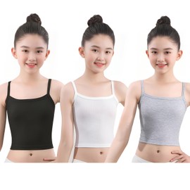 ZEILINGERY 3Pack Training Bras for Teens Girls from 8-16 Years Camisoles Bralette Bras，Sports Bras, Black White Grey, 12-14 Years