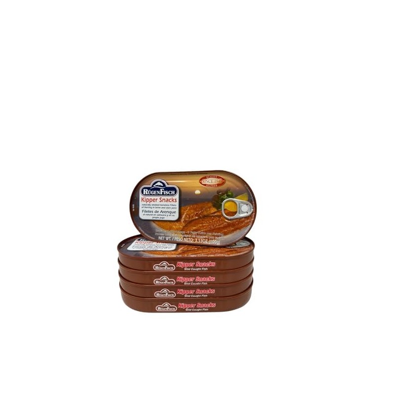 Rugen Fisch Kipper Snacks, Smoked Herring Fillets, 3.54 oz Cans